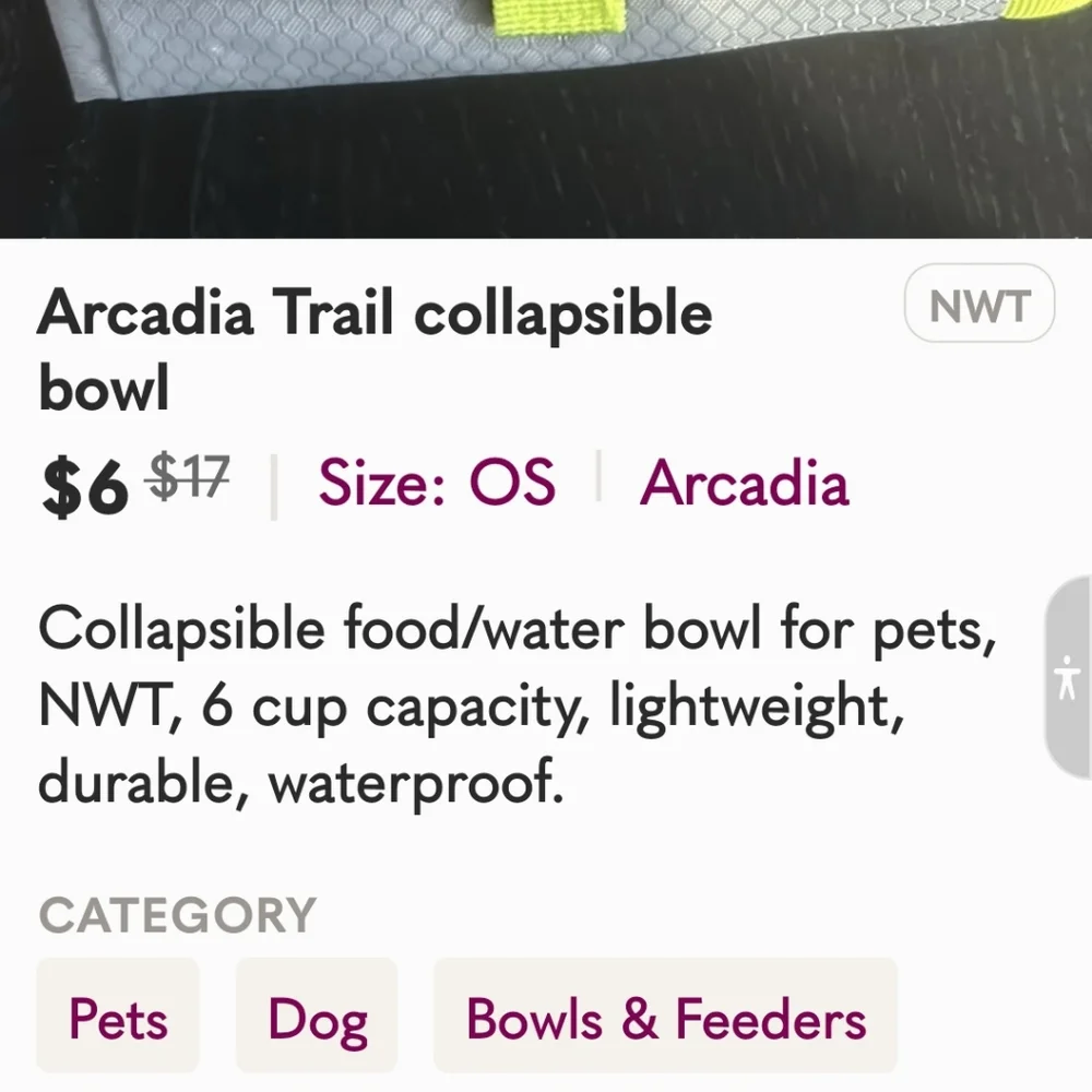 NWT dog's Arcadia Trail collapsible bowl portable 6cup waterproof